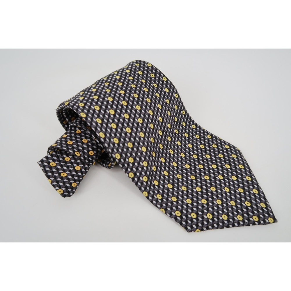 BRIONI‎ Men's 100% Silk Necktie ITALY Luxury Geometric Black Gray Yellow
